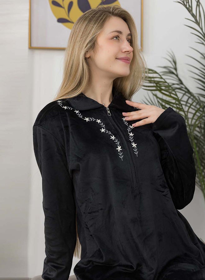 Elegant Velvet Maxi Galabeya Zipper Collar & Embroidery - Image 1